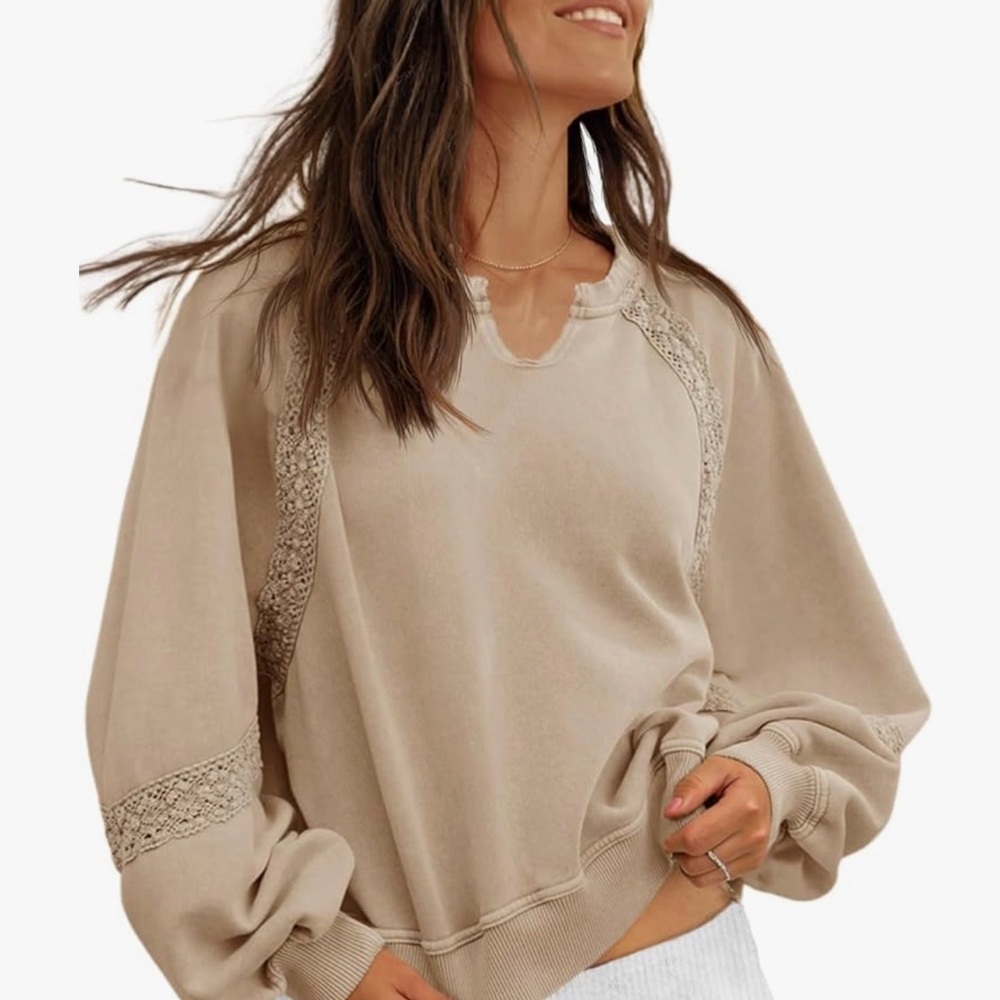 Beige Lace-Trimmed Sweatshirt
